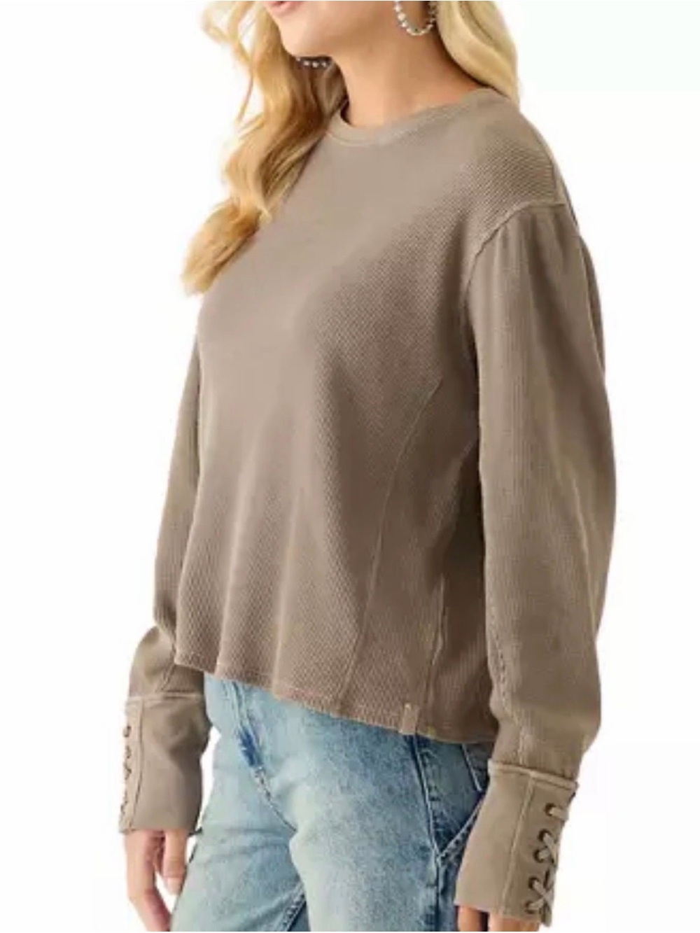 Free People We The Free Lapis Cuff Crewneck Waffle Knit Top, NWOT, Size Large